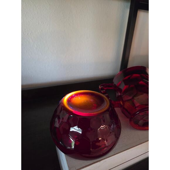 Viking Amberina Georgian Ruby Red Creamer & Open Bowl Sugar Set Vintage Glass - Picture 8 of 9
